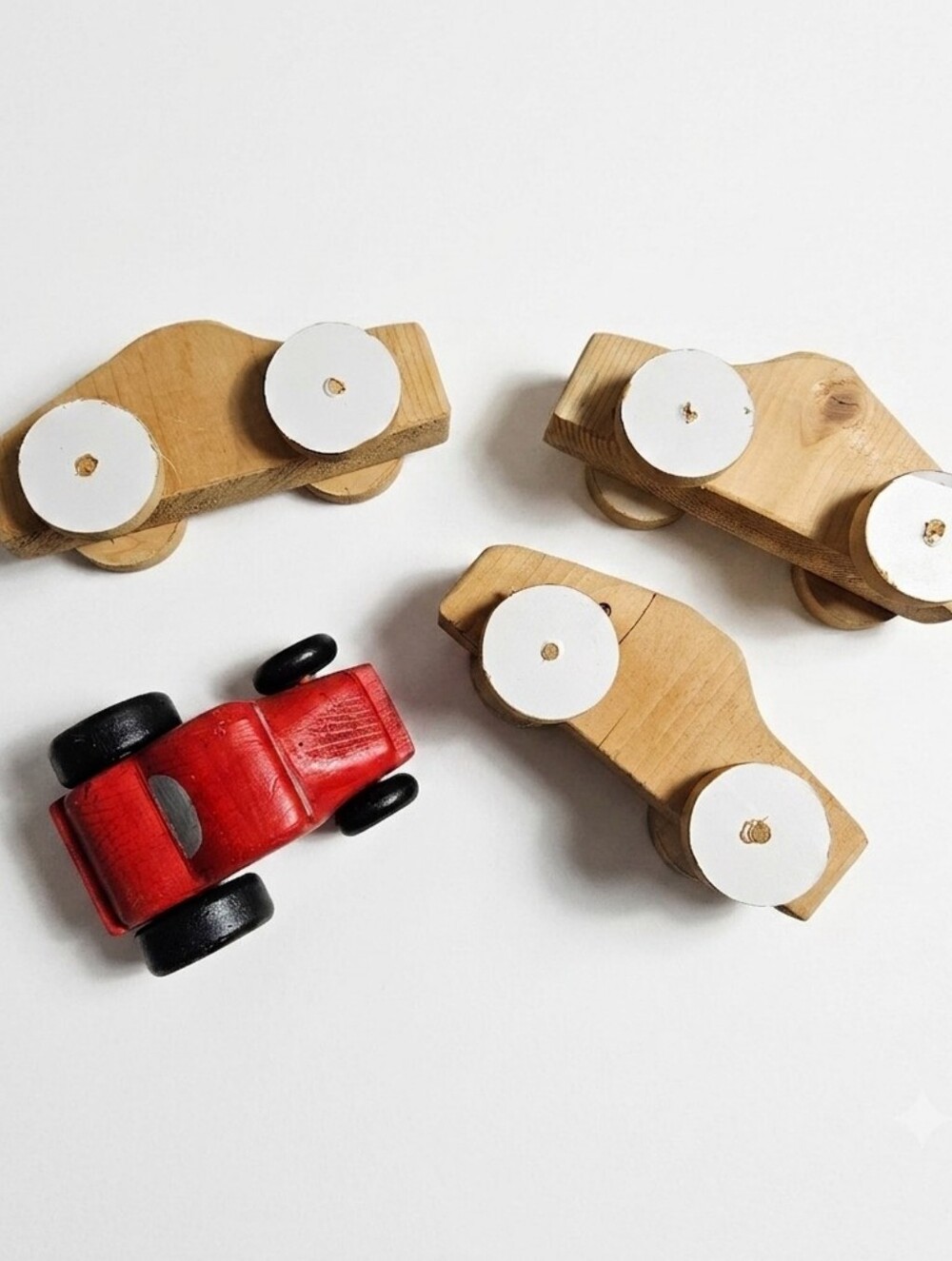 Vintage Handmade Wooden Toy Car Lot Natural Wood & Red